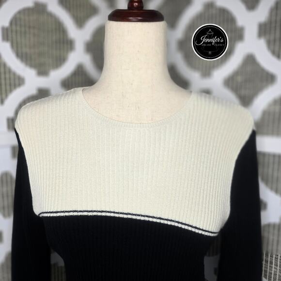 Talbots Petites Black and Cream 3/4 Sleeve Ribbed Pull Over Sweater Size Small - Picture 3 of 9